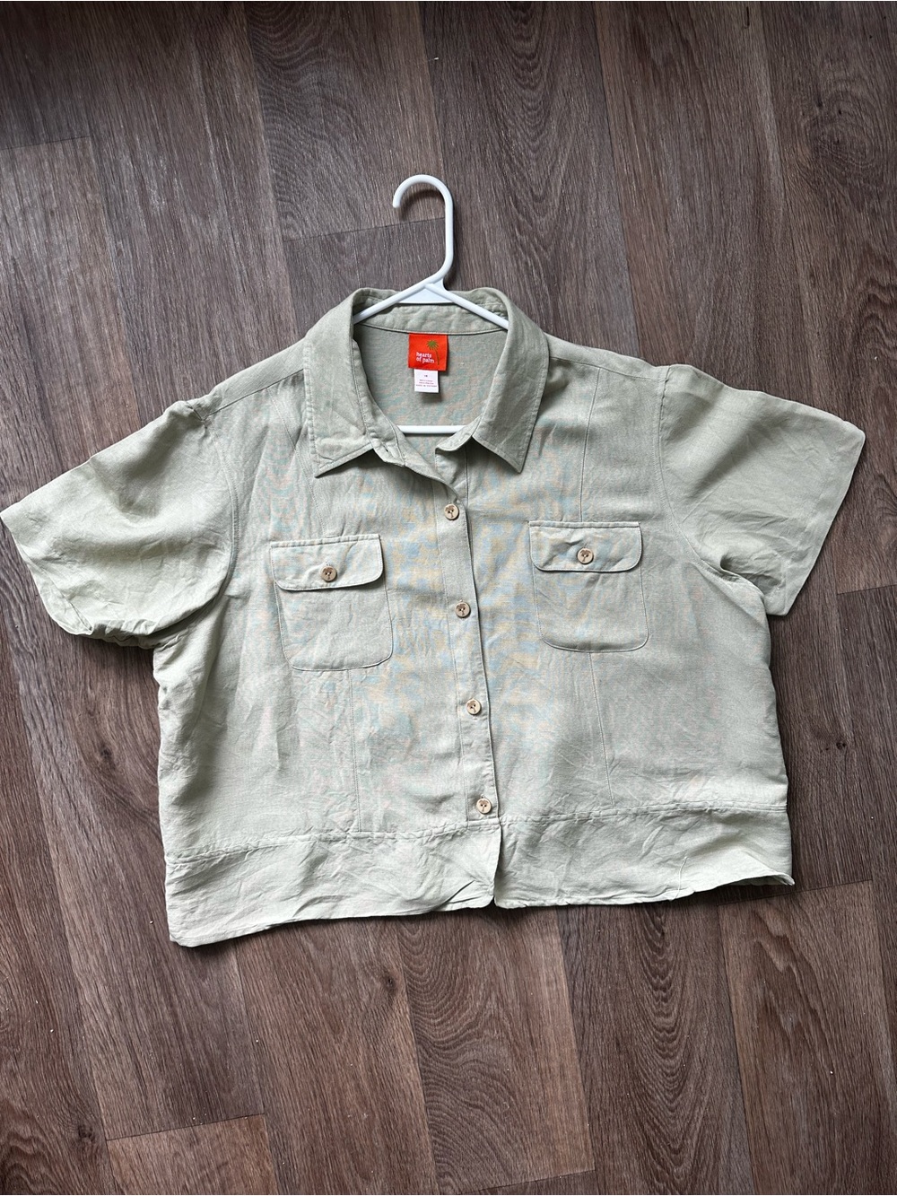 hearts of palm Green Linen Blend Cropped Button Up Shirt Flap Pockets Size 18